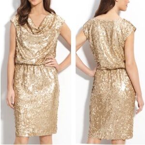 Eliza J Cocktail Sequin Dress Gold 4 Drape Neck Blouson Cocktail Wedding Cruise